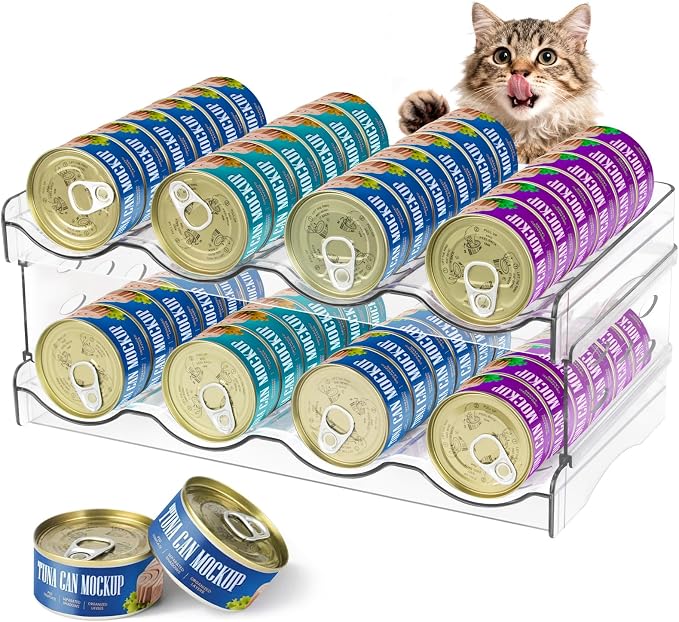 REFLYING Cat Food Can Organizer 2-Tier Metal 48 Cans 3.5oz Black | Black metal 2-tier cat food can organizer,Holds 48 cans 3.5oz,Adjustable pantry countertop storage for kitchen cabinet