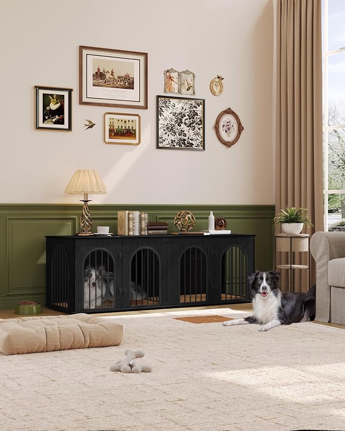 Hzuaneri 70.9" Double Dog Crate Furniture, Dog Kennel Indoor with Cushion | Heavy Duty Dog Crate Furniture for 2 Dogs,Dog Cage End Table TV Stand with Divider for Med-Large Dogs,Black DFC81904B