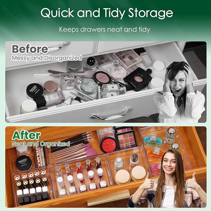 Drawer Organizer Set, Acrylic Non Slip Non Cracking Kitchen Drawer Storage Tray Large Size Divider, Multifunctional Storage for Cosmetics, Bathroom, Tools, Kitchen and Office (8 PACK)