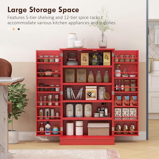 HOMCOM 41" Kitchen Pantry Storage Cabinet 12 Door Shelves Double Doors Red | Freestanding Kitchen Cabinet, 2 Doors, 5-Tier Shelving, Adjustable Shelves