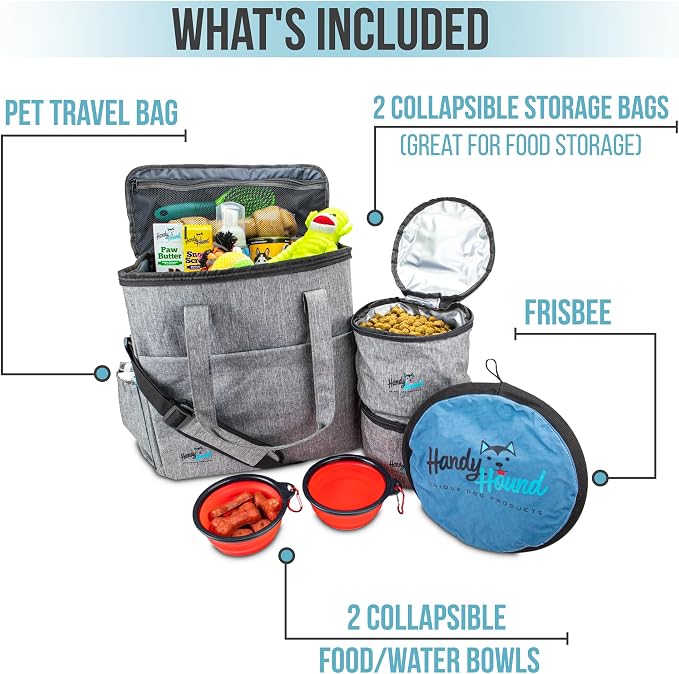 Dog Travel Bag, Pet Travel Organizer Kit for Weekend Trips | Includes accessory organizer with food storage, ideal for road trips, camping and weekends away