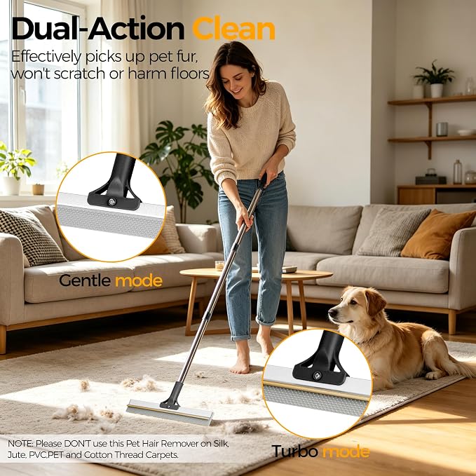 Carpet Rake for Pet Hair Removal Tool,Reusable Hair Remover Broom | Dual-Action Carpet Brush, 2 in 1 TPU and Copper Rake Teeth, 54" Adjustable Long Handle, Dog Cat Fur Broom for Rugs Mats Floor