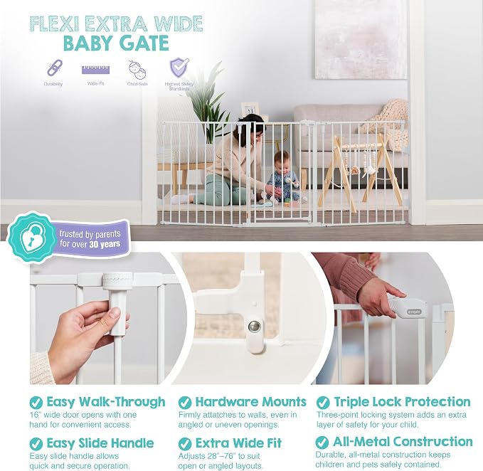 Regalo Safety 28"-76" Super Wide Configurable Baby Gate | Hardware Mounted, For Doorways & Open Spaces, For Babies, Toddlers & Pets, White, Tested & Trusted for 30 Years