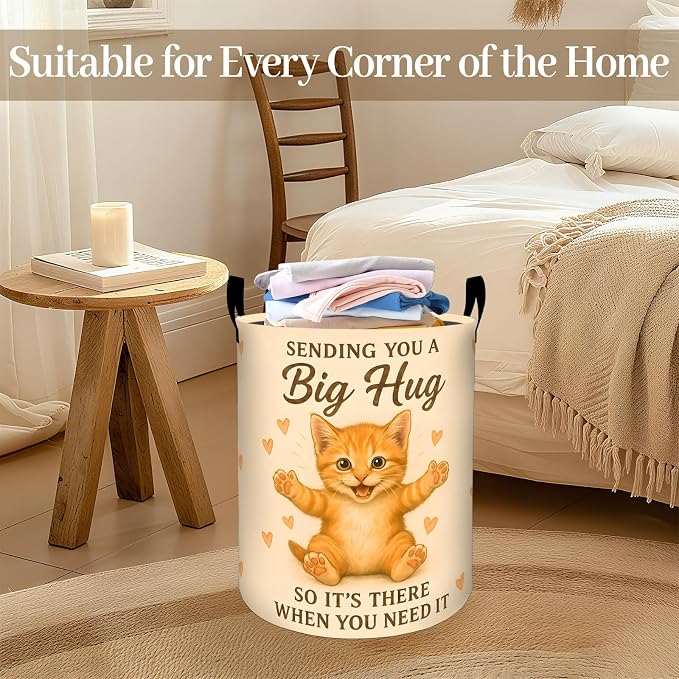 Get Well Gifts for Women Laundry Basket, Cat Hug Foldable Oxford Cloth, Waterproof Dirty Clothes Hamper with Handles, Clothing Storage Bin Toy Organizer for Bedroom Dorm Bathroom, 19.7"x15.7"