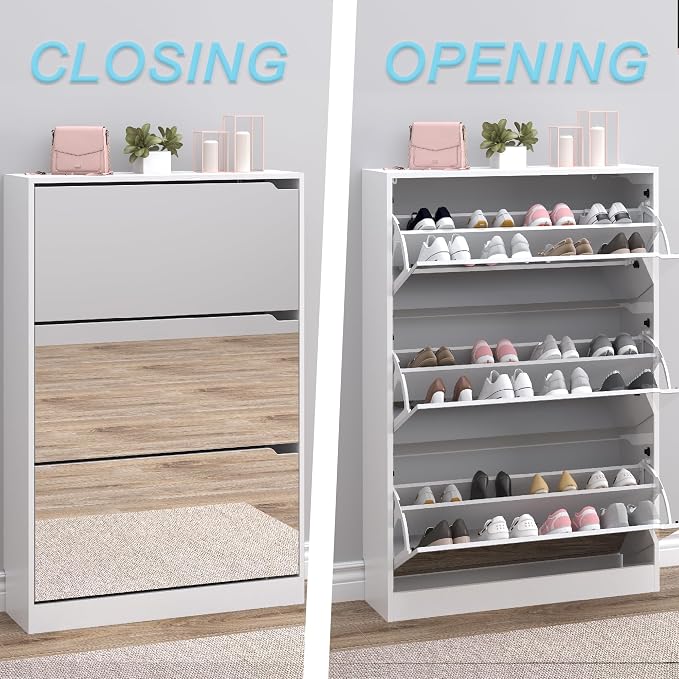 BORNOON Shoe Cabinet with 3-Flip Mirror Drawers, Freestanding Shoe Rack Organizer with Hidden Handle, Slim Narrow Shoe Storage Cabinet for Entryway, Entrance, Hallway, Bedroom
