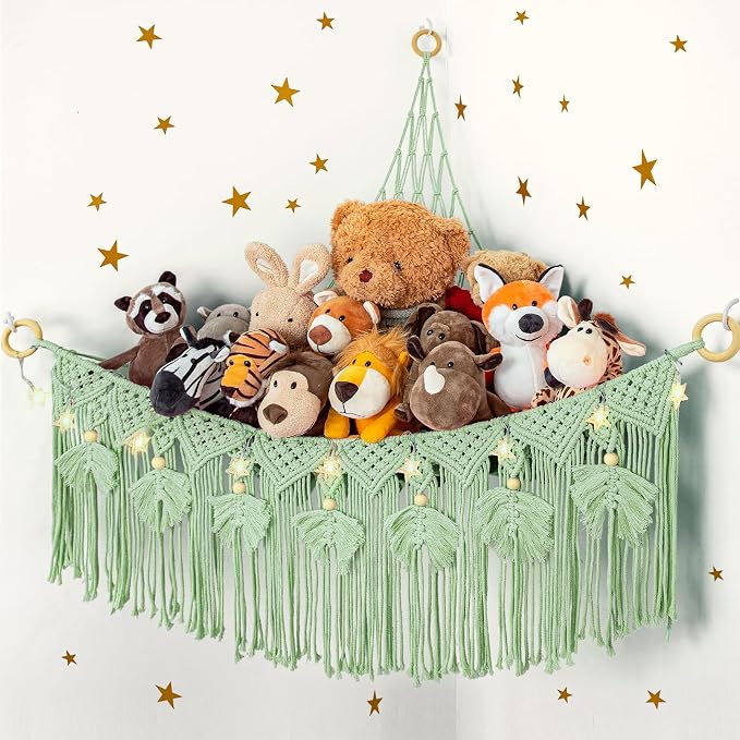 Macrame Stuffed Animal Storage with Star Light, Corner Hammock for Nursery | Corner Hanging Stuffed Animal Net Organizer for Girls' Room, Plushies Toy Wall Hanging Display Holder, Kid Gift