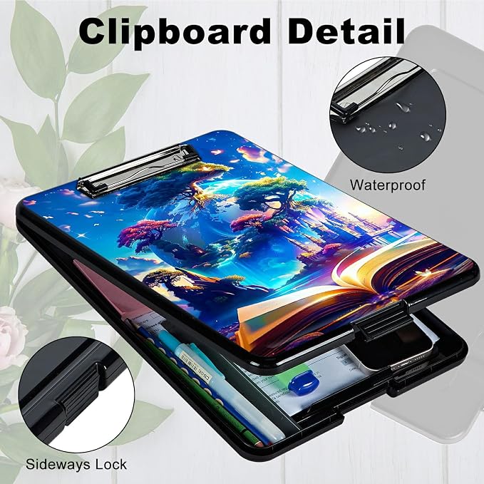 Book Trees A4 Clipboard with Storage Pen Holder, Clipboards Organizer Nursing Clipboard Foldable File Folder Plastic Clipboard Folio Clip Board for Office Students Classroom Doctor