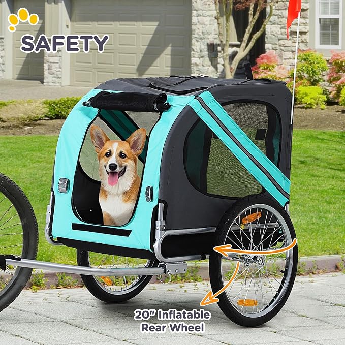 Aosom Dog Bike Trailer Easy Folding Cart Frame 20" Wheels | Pet Wagon Bicycle Trailer, Large Rubber Wheels, 3 Entrances, Mesh Screen, Off-Road and Travel