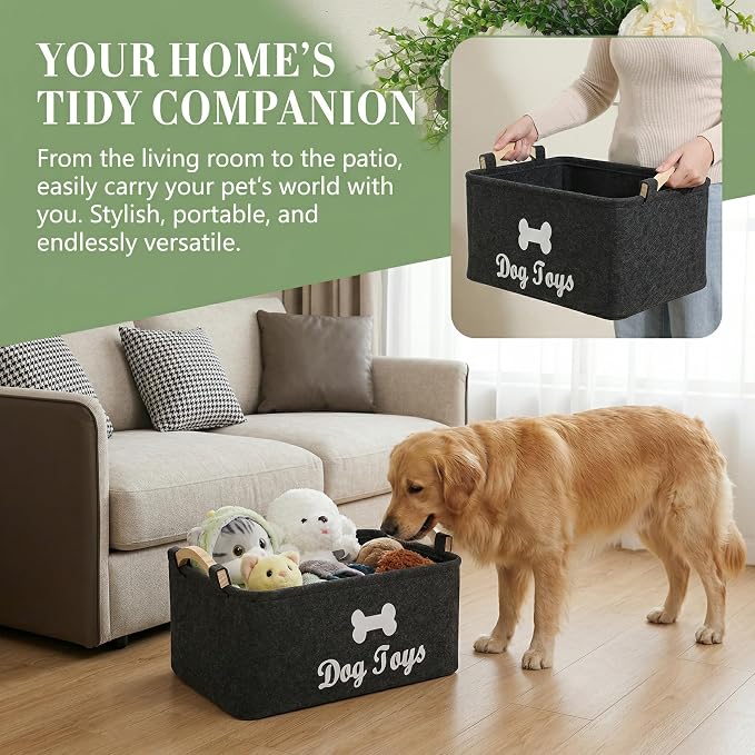Totority Pet Toy Basket Felt Storage Bin with Handles 15.35 X 10.62 X 7.08 in Organizer Container for Dog Toys Accessories Kids Toys Home Bedroom Living Room