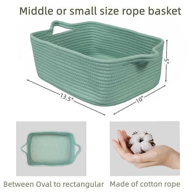 XUANGUO Medium Woven Cotton Rope Storage Basket with Handles, Light Green | Small decorative rectangle storage bin for baby nursery items and cat toys; ideal as an empty gift basket or dog toy basket