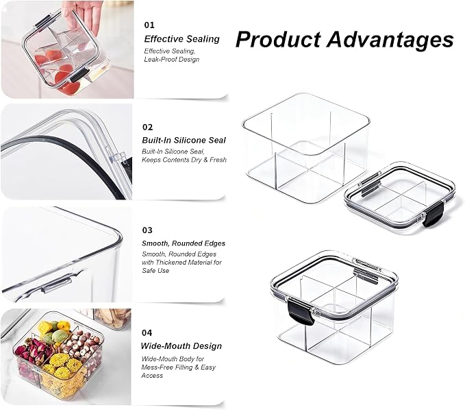 2 Pack 4 Compartment Airtight Food Storage Containers,460 ml Divided Clear Storage Box,Stack able Sealed Spice Tea Organizer for Loose Leaf Dried Tea Flower Snack Seasoning Pantry Counter Cabinet