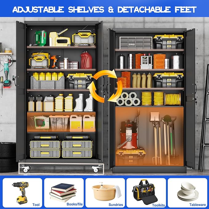 GAIOUS 73.6" Tall Metal Storage Cabinet with Lock and Wheels, File Cabinet | for Home Office, Garage Storage Cabinets with 2 Door and 5 Adjustable Shelves, Rolling Tool Cabinet, Utility Cabinet, Black