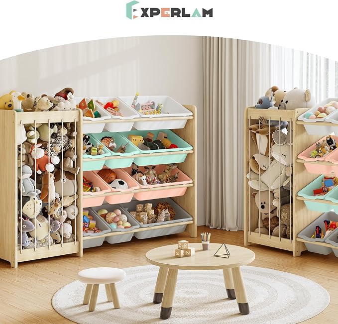 EXPERLAM Kids Toy Storage Organizer, 2-in-1 Stuffed Animal Storage & Toy Organizer w/12 Bins, Solid Wood Toy Rack Featuring Thicker Elastic Ropes to Hold Toys, Playroom Nursery Bedroom Storage, Multi