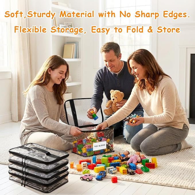HOUYEE 3 Pack Extra Large Clear Toy Storage Bags With Zipper (Black) | Toy Organizer Bags with Name Tags and Mesh Pocket,Reusable PVC Waterproof Storage Bags for Toys, Board Games, Building Blocks