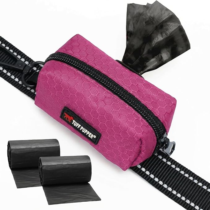 Tuff Pupper Dog Poop Bag Holder | Works with Any Dog Leash | Zippered Waste Bag Dispenser | Waterproof with Rust-Proof Clip | Convenient Lightweight Design | Includes 2 Rolls of Leak-Proof Bags