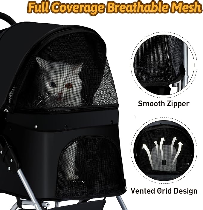 Foldable Pet Stroller 4 Wheels for Small Medium Dogs Cats,Black | Small/medium dogs,cats. Breathable Storage& cup holder.Lightweight,portable,all-season for smooth strolls