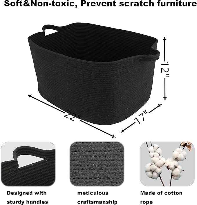 XUANGUO Large Rectangle Woven Cotton Rope Blanket Basket 22"x17"x12" Black | Storage basket for nursery and living room; toy basket for kids, dog toy storage, or laundry basket for clothes and towels.