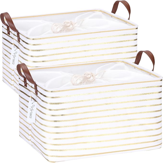 Hinwo 31L Large Canvas Storage Bin with Lid and Handles, 2-Pack | Collapsible Fabric Baskets, Closet Shelf Organizers, Containers for Clothing, Blankets, Toys, Bedding (Gold Stripe)