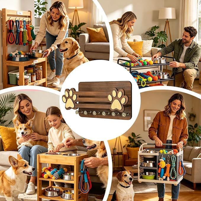 Dog Leashes Holder Wall - Cute Paw Design Hook Rack, Wooden Organizer Stand, Multi Hook Storage Mount | Apartment Indoor Key Holder for Apartment Indoor