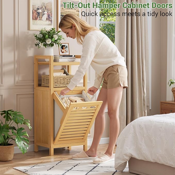 Homykic Tilt Out Laundry Hamper Cabinet, 10 Gal Bamboo Laundry Organizer | Wooden Laundry Basket with Removable Bag, Hidden Hamper with Shelf for Clothes, Bathroom, Laundry Room, Bedroom, Space Saving