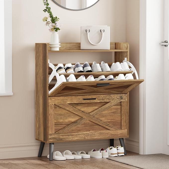 Homleke Farmhouse Shoe Storage Cabinet with Flip Drawers & Barn Door Design | Slim Narrow Shoe Rack Cabinet with Adjustable Shelves & Hidden Storage for Entryway, Hallway, Living Room, Rustic Walnut