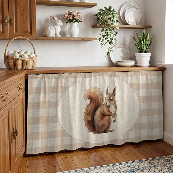 Squirrel Plaid Cabinet Curtains 28"x51" Sink Skirt for Bathroom Kitchen, Rustic Farmhouse Checkered Retro Animal Self Stick Adhesive Under Desk Covers Tall Laundry Cabinet Storage Organizer