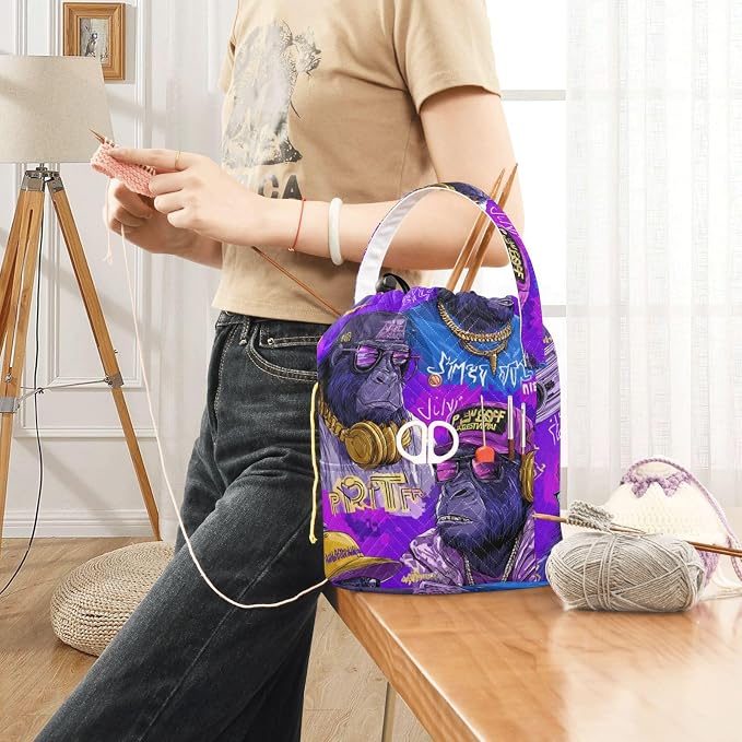 Tatenale Crochet Bag Yarn Bag Knitting Project Bag with Pockets and Handle Portable Yarn Storage Organizer Tangle Free 8.3x11 InchCartoon Gorillas Glasses Trends Purple36