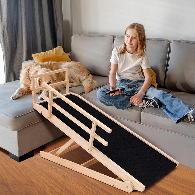 Dog Ramp for Bed & Couch, Foldable Wooden Pet Ramp, 5 Adjustable Heights | Height up to 23.5", Portable Dog Ramp with Non-Slip Rubber Surface & Safety Railings, Pet Ramp for Small, Large, Senior Dogs