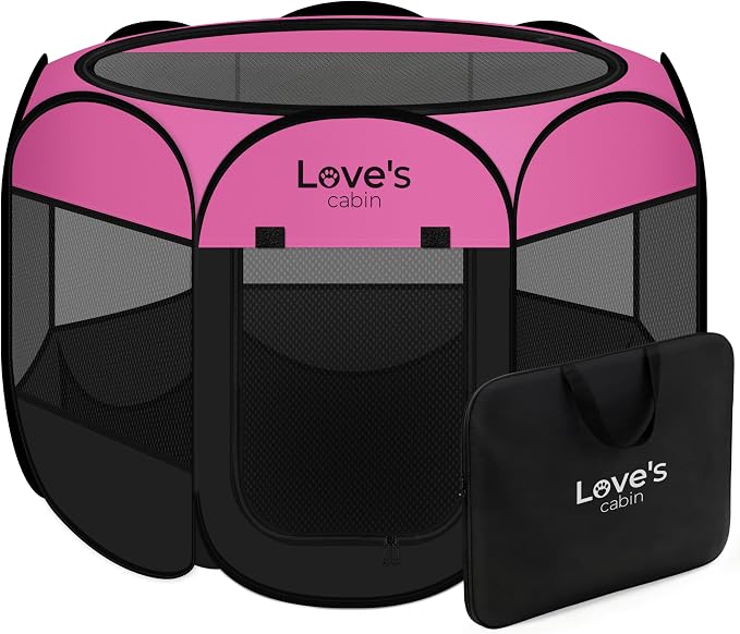 Love's cabin Pet Puppy Dog Playpen, Medium Dog Tent Crates Cage Indoor/Outdoor, Portable Playpen for Cat, Foldable Pop Up Dog Kennel Playpen with Carring Case, Removable Zipper Top, Pink