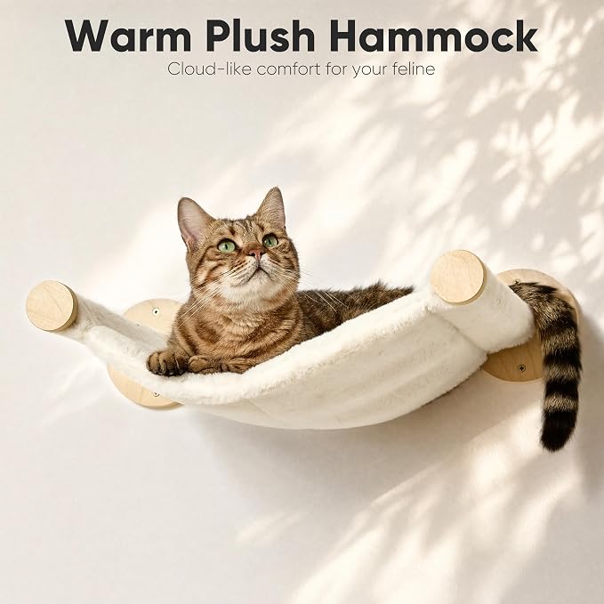FUKUMARU Cat Wall Shelves, 5 in 1 Set, Beige | Stable Wooden Wall-Mounted Furniture Set, Kitty Climber with Hammock, House, Steps, Scratching Post