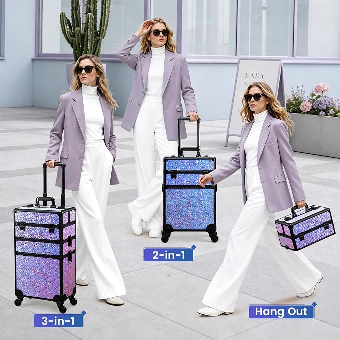 3 in 1 Rolling Makeup Train Case Professional Cosmetic Trolley Large Storage with Keys Swivel Wheels Salon Barber Case Traveling Cart Trunk for Make Up Hairstylists Nail Tech, Shiny Purple