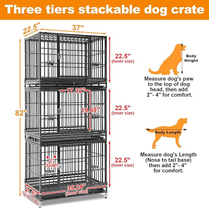 Homey Pet 4 Pack Three Tier 37" Heavy Duty Stackable Dog Crate with Wheels | Drop Cages for Dogs with Escape proof Locks, Tray, Bowl, Open Top, for Small and Medium Dogs, Breeders and Multi-dog Homes