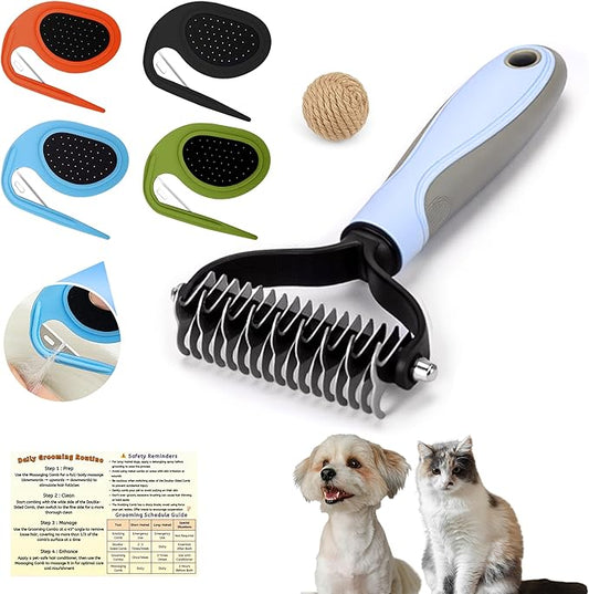 Cat & Dog Grooming Kit - Matted Fur Remover for Cats, Includes 4 Knotting Combs & 1 Pet Grooming Brush, Safe Cat Grooming Comb Set for Detangling