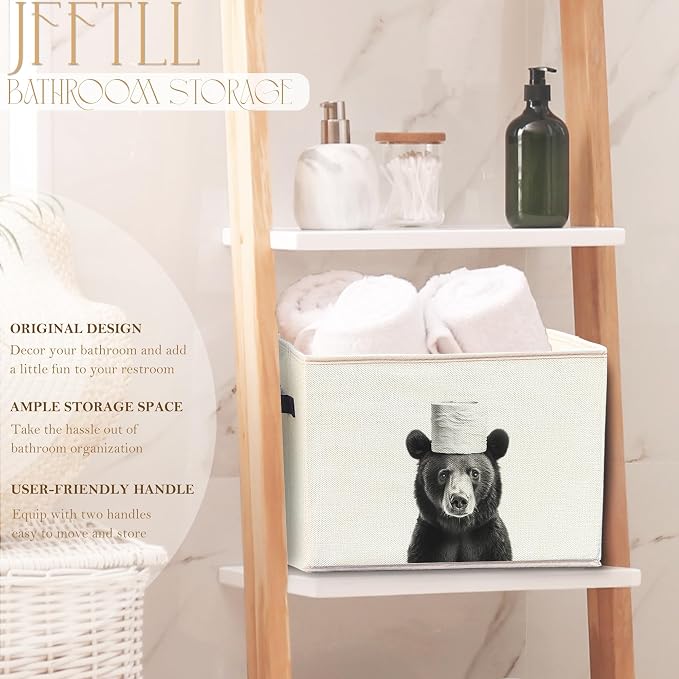 Funny Bear Bathroom Storage Bins Box, Bear Bathroom Decor, Animal Lover Gifts Storage Basket Laundry Hamper with Handle for Bath Room Clothes Vanity Undersink Home Organization