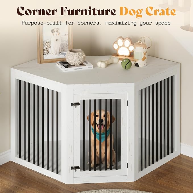 AMERLIFE 128" Extra Large Dog Crate Furniture, 3-in-1 Corner Dog Kennel | Dog Cage with Storage and Divider, Space-Saving Design, Heavy Duty Crate for Medium/Large Dogs, White