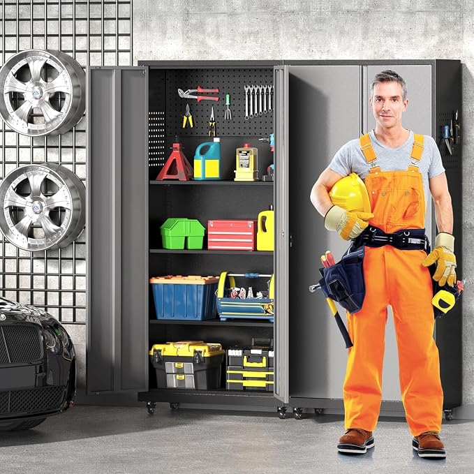 71''H Garage Storage Cabinet, Meatl Storage Cabinet with Lock | Tool Storage Cabinet, Steel Tool Cabinet with 2 Doors and Shelves for Garage, Warehouse, Assembly Required, Gray