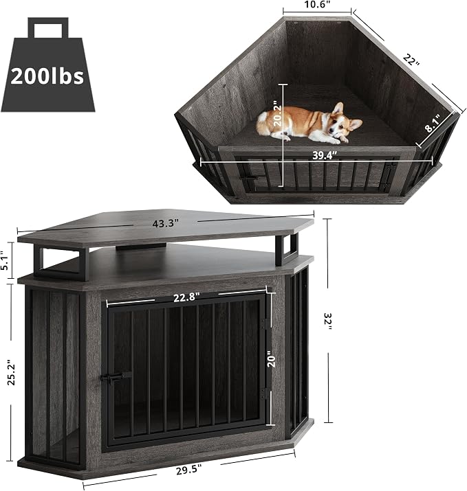 IRONCK 43.3" Corner Dog Crate Furniture with 2-Tier Shelves Gray | 10mm thickened iron frame. 2-tier storage shelves and 180 lb tabletop. 23.6"L x 43.3"W x 32"H. Space-Saving Indoor crate.