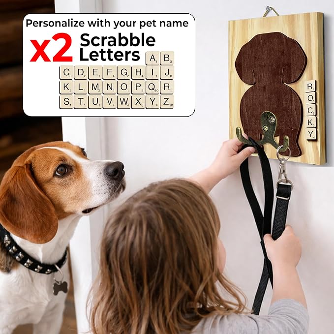 Beagle Dog Leash Holder Wall Mount with Scrabble Letters, Wooden Dog Wall Hook Organizer, Pet Collar and Harness Hanger for Entryway, Key Hook Gift for Pet Lovers, Home Decoration PF297-8