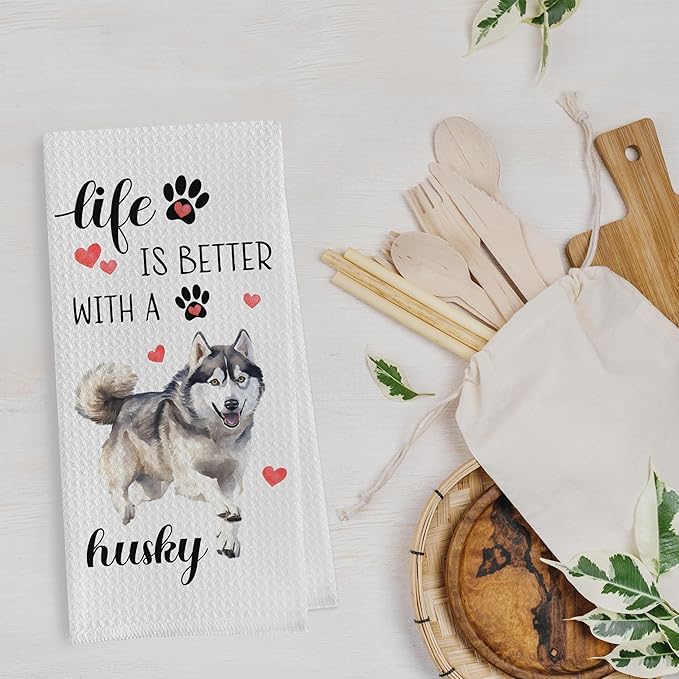 Gqtt Husky Gifts Waffle Weave Kitchen Towels - Funny Husky Hand Tea Towels, Set of 2 (1624 Inches)
