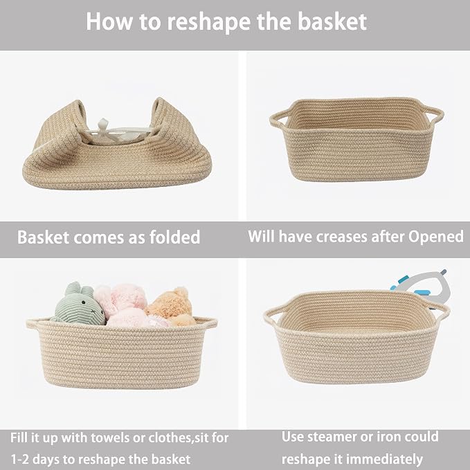 XUANGUO Medium Woven Cotton Rope Storage Basket with Handles, Oatmeal | Small decorative rectangle storage bin for baby nursery items and cat toys; ideal as an empty gift basket or dog toy basket