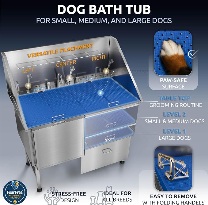 Professional Dog Washing Station 304 Stainless Steel Pet Wash Sink | Grooming Bathtub w/Shower, Floor Grates and Storage for Large, Medium & Small Pets (Silver, 50 Inches, Left Ramp, 1 Drawer)