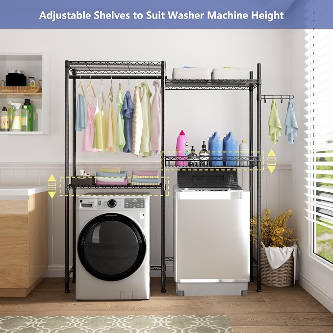 Golpart Laundry Organizer Shelves Over the Washer and Dryer Storage Shelf | Heavy Duty Laundry Room Organization Clothes Drying Rack Adjustable Height Wire Shelving and Wire Basket with Hanger Rod