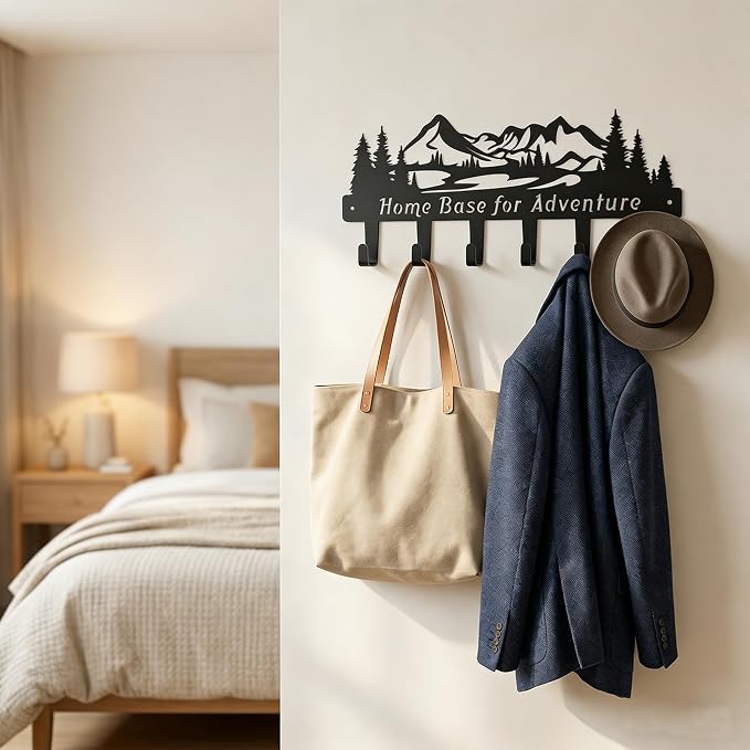 Metal Key Holder for Wall, Wider Spacing Key Hooks Hanger Rack Wall Mounted with Screws and Anchors, Mountain Wall Decor for Entryway Front Door Kitchen Hallway Garage Mudroom Office 13.5inches/34cm