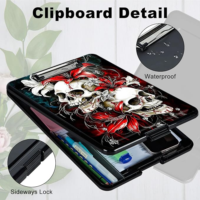 Red Lily Skull A4 Clipboard with Storage Pen Holder, Clipboards Organizer Nursing Clipboard Foldable File Folder Plastic Clipboard Folio Clip Board for Office Students Classroom Doctor
