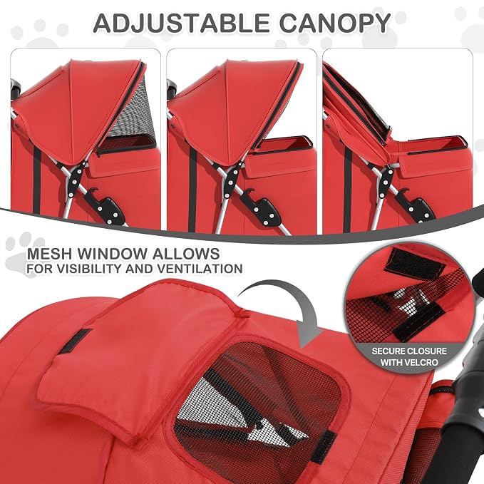 MoNiBloom Pet Stroller for Small/Medium Dogs and Cats up to 33 lbs, Red | Foldable Dog Stroller 3 Wheels Pet Strolling Cart w/ Storage Basket Cup Holder, Breathable and Visible Mesh for All-Season