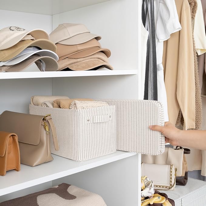StorageWorks Narrow Storage Bins, Khaki and Beige Stripes, 2-Pack | With Metal Frame, Sturdy Structure, Reinforced Handles, Long Basket for Toilet Paper, For Bathroom, Closet, Shelf