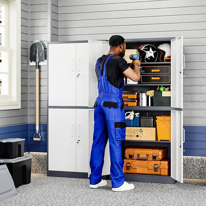 Metal Storage Locking Cabinet with 4 Doors and 2 Adjustable Shelves,71" Lockable Garage Tall Steel Cabinet,for Home Office,Living Room,Pantry,Gym,Commercial Storage (Gray White)