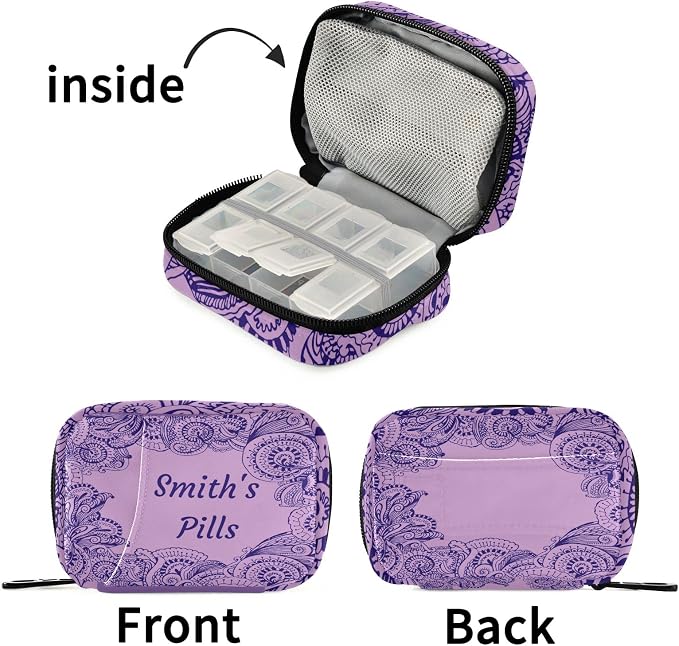 Custom Pill Box 7 Day Pill Case Bag Purple Floral Paisley Personalized Name Travel Pill Organizer Bag with Zipper Portable Weekly Case Compact Size for Vitamin Supplement Holder