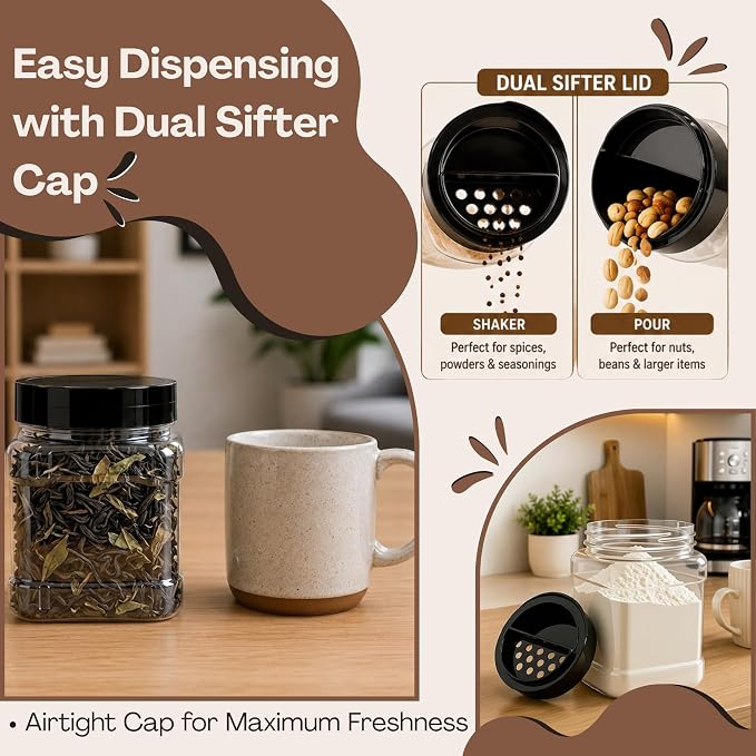 Pride of India 16 Fl Oz Clear Storage Jar with Dual Opening Lid | Food Grade PET Plastic Square Grip Jar | Reusable Organizer for Kitchen, Pantry, Coffee, Spices, Snacks, Crafts | 1-2 Cup Capacity