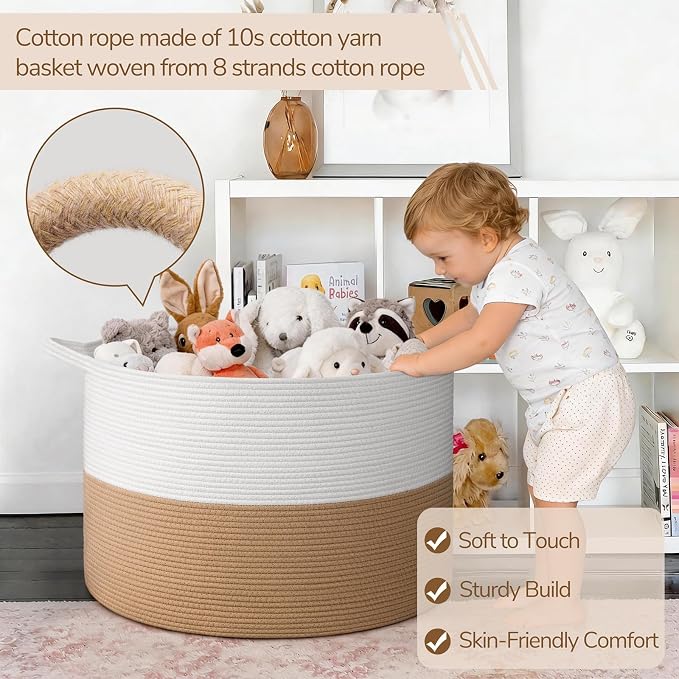 INDRESSME 115L Extra Large Woven Rope Blanket Basket Living Room | 23.6" x 15.7" Storage baskets for toys laundry & pillows. Fits living room, bedroom or nursery décor. Soft-touch with handles